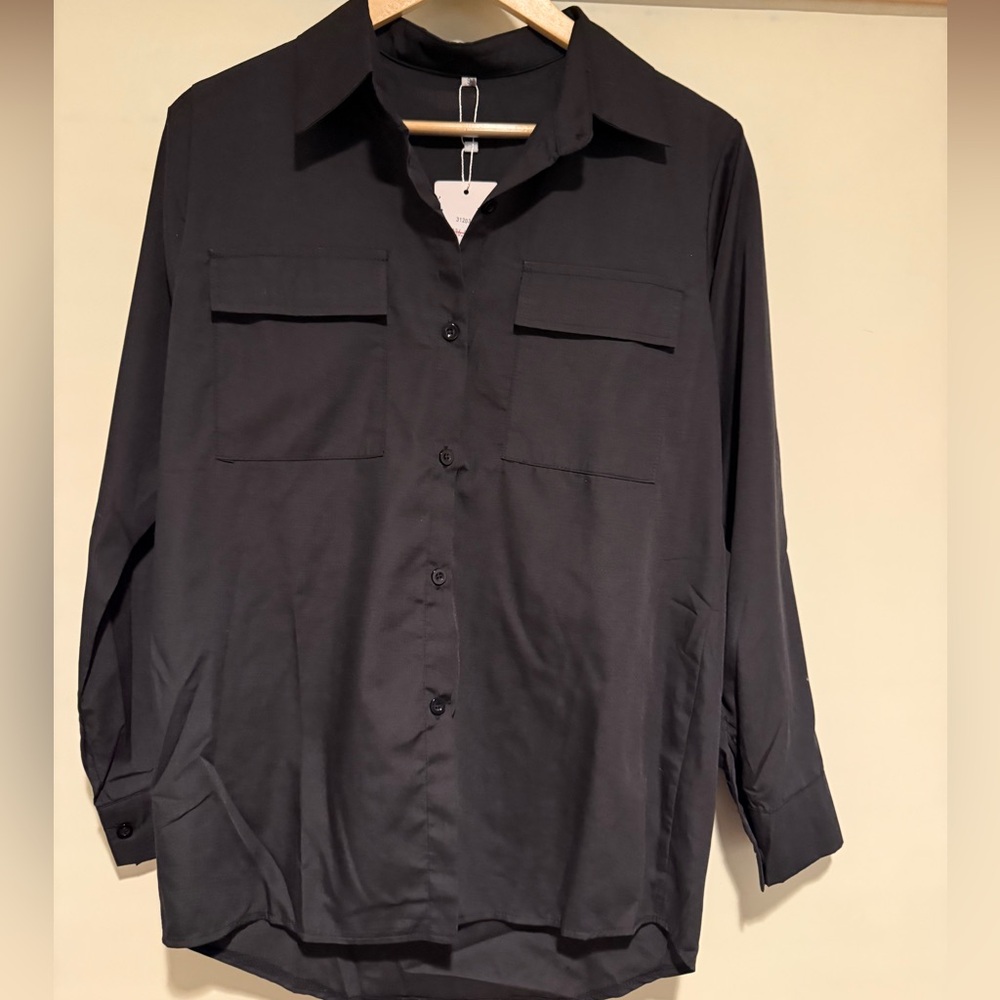 Hidden Black Button-up Long Sleeve Shirt with Breast Pockets, Size S New!